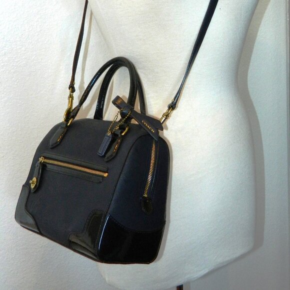Coach Navy Textured Patent Leather Boston Bag - Picture 8 of 11